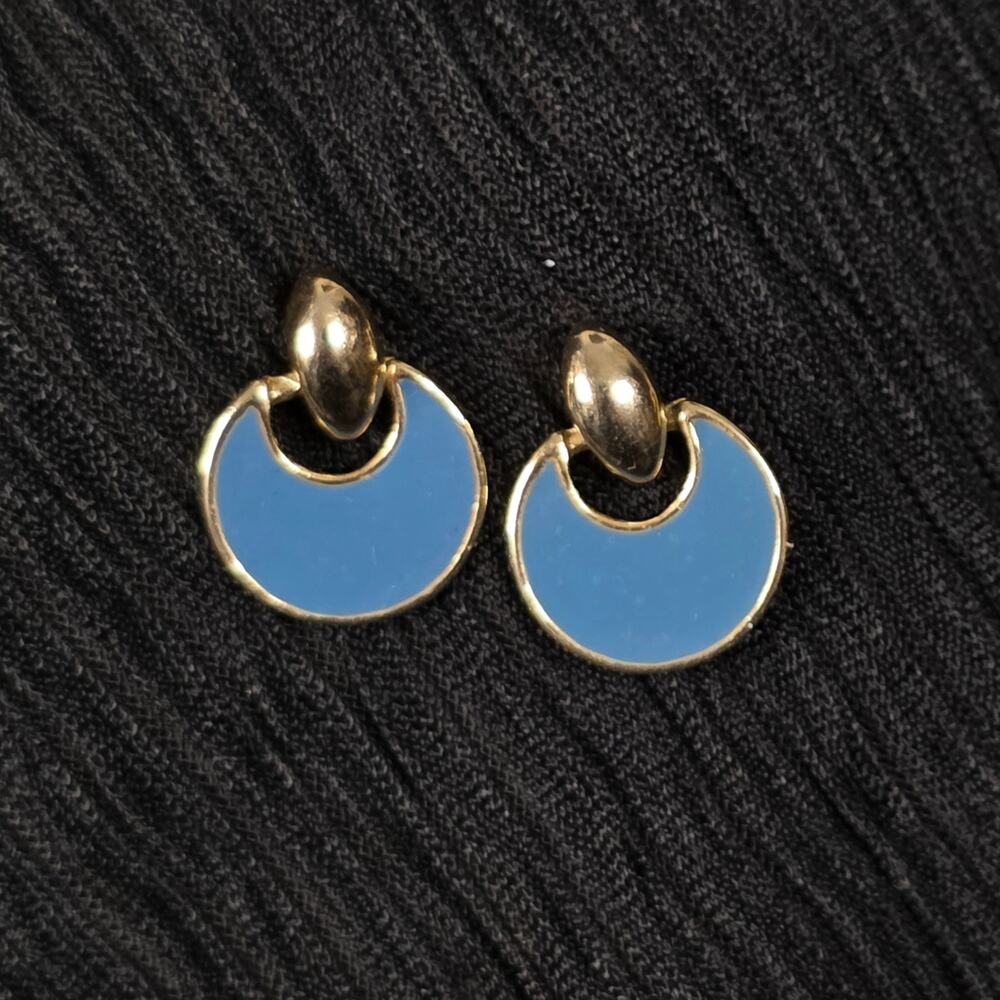 Vintage 80s Blue Enamel Door Knocker Earrings Gold Tone Geometric Pierced